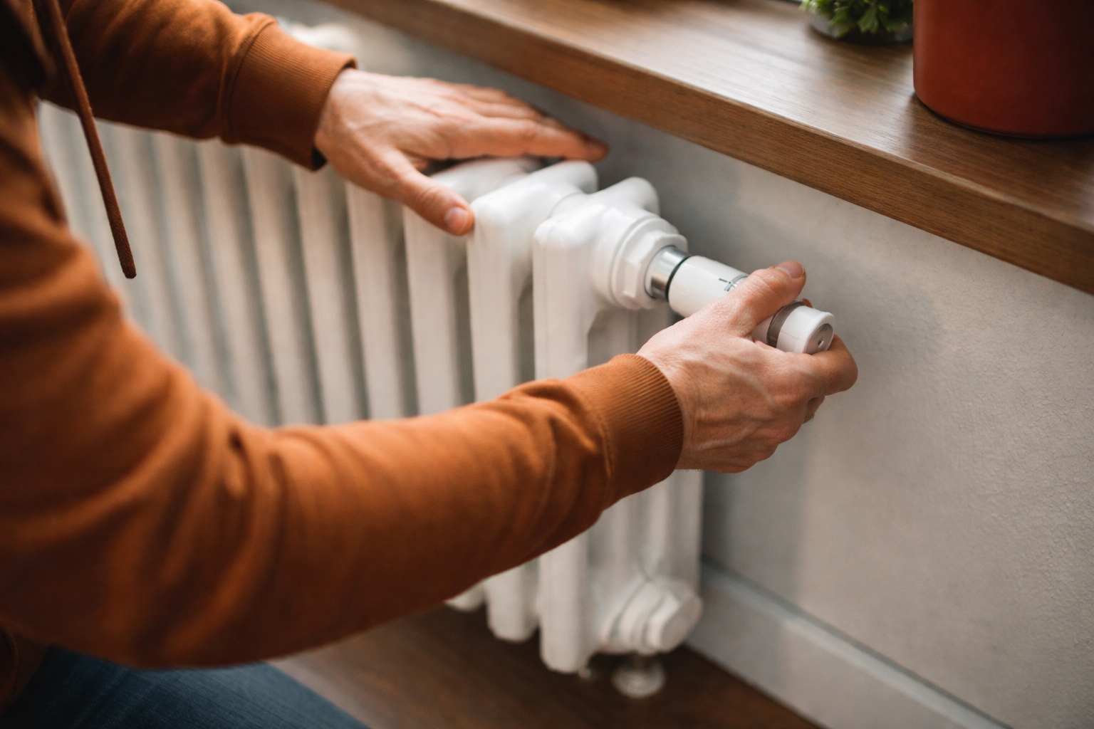 Férfi radiátornál melegszik otthon, az MVM rezsistop miatti januári számlázási változások illusztrációja