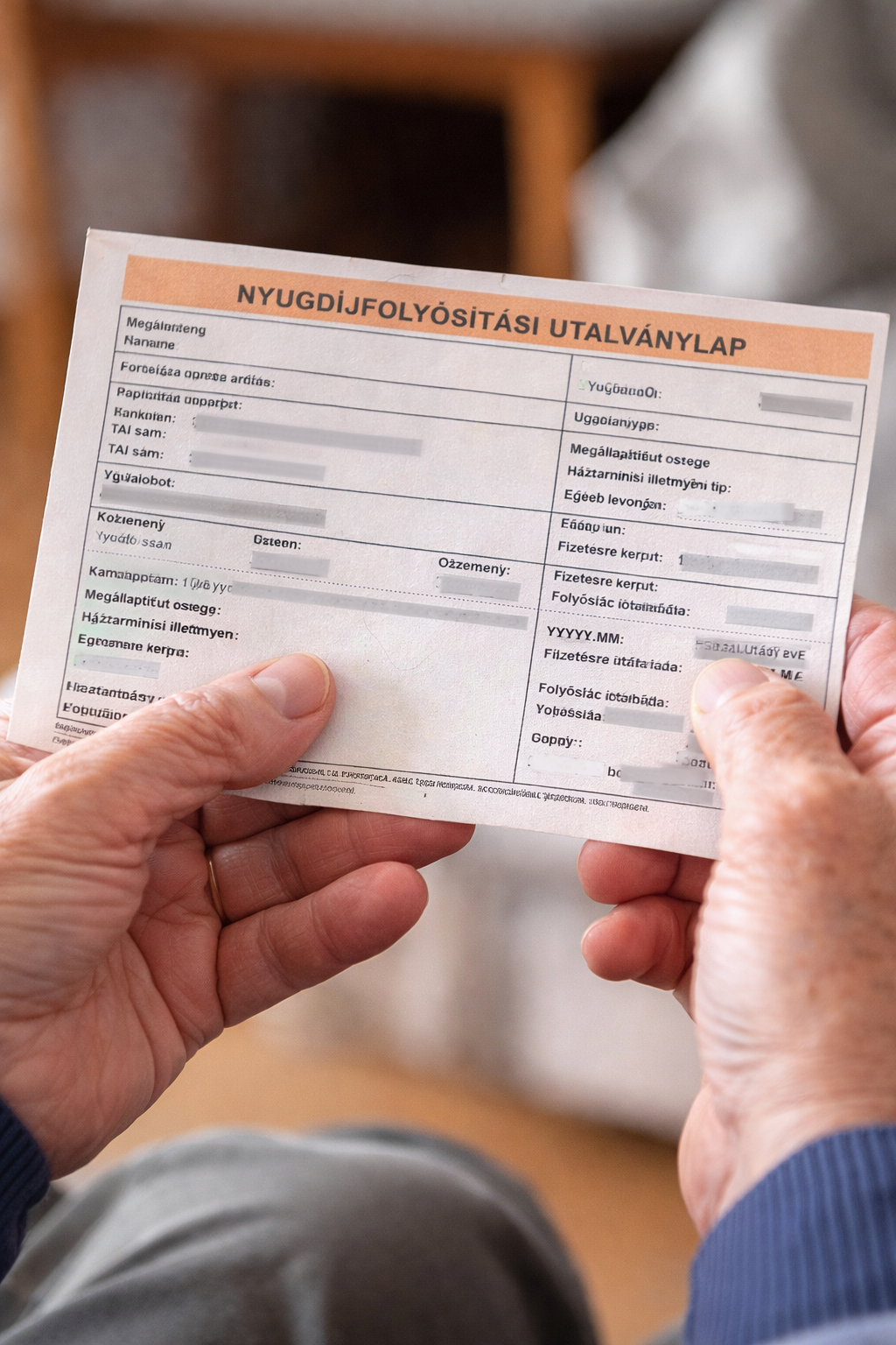 Idős ember keze nyugdíjszelvényt tart, februári emelt nyugdíj kifizetéséről szóló értesítővel